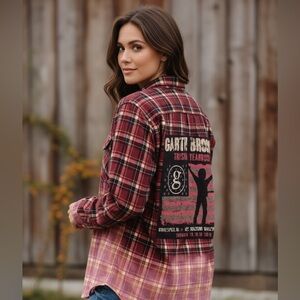 Bleach dip dyed Upcycled flannel with Garth Concert patches size L.